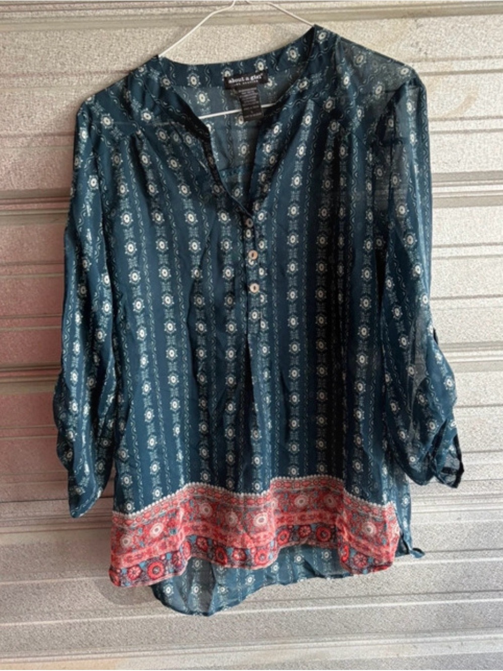 Almost Famous Teal Printed Tunic Top with Red Border Detail